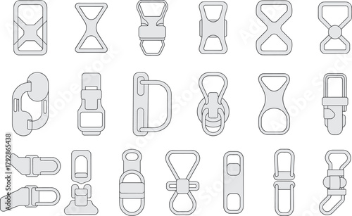 Set of metal and plastic buckle vector illustrations for fashion accessories, bag hardware, and garment design flat template