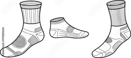 Set of sport performance socks fashion flat sketch with ankle and crew length designs, vector apparel technical illustration template