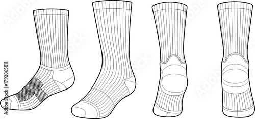 Sport performance socks fashion flat sketch with front, side, and back technical drawing, vector template for apparel design illustration