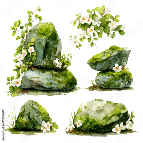 My Watercolor illustration, illustration forest paintings of stones covered painting isolated on a white background, illustration, AI painting design, vector set, eps format design, simple painting