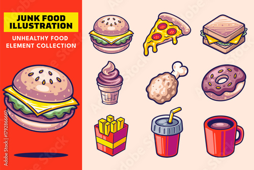 Junk Food Element Collection. Fast Food with Burger, Pizza, Chicken, Donut, Soda, Ice Cream, and Fries. Set Icon for Food and Drink. Unhealthy Snack in Cartoon Style