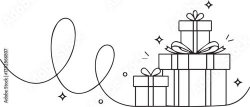 Minimalist line art illustration of stacked gift boxes and swirl