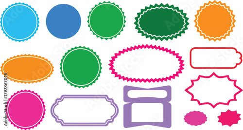 Colorful vector labels, stickers, and design elements. Wavy circle frame shapes and badge borders