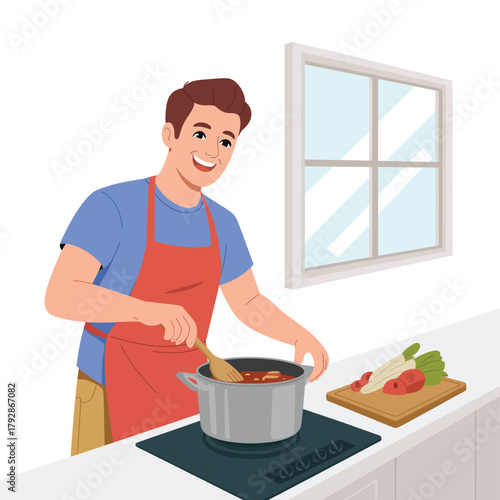 Smiling man cooking delicious meal at home kitchen, cheerful person stirring pot, modern culinary lifestyle illustration.