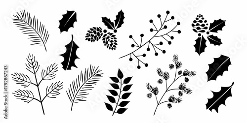 Collection of black silhouette christmas botanical elements including pine needles holly berries and pinecones