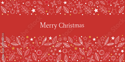 Festive merry christmas greeting with hand drawn winter holiday ornaments and foliage on red background