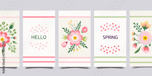 Collection of five vertical spring greeting cards with floral illustrations and text hello spring