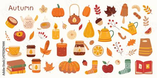 Cozy autumn collection of illustrations featuring pumpkins leaves teapots candles and books