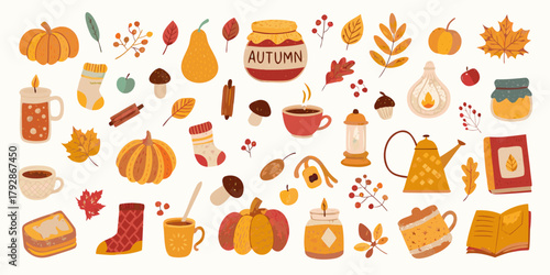 Cozy autumn elements collection featuring pumpkins leaves hot drinks socks and jars of jam