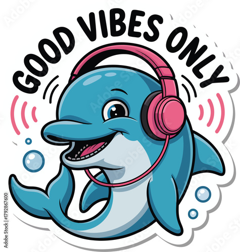Happy dolphin wearing pink headphones enjoying music underwater, cheerful cartoon character spreading positive energy and good vibes.