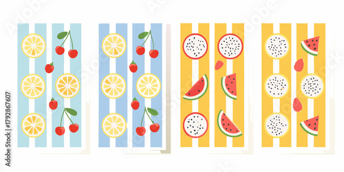 Vibrant summer fruit patterns featuring lemons cherries watermelon and dragon fruit on striped backgrounds