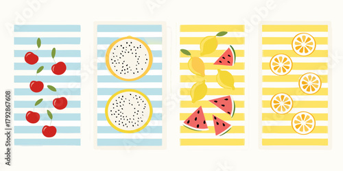 A vibrant collection of fresh fruits including cherries dragon fruit lemons watermelon and oranges on striped backgrounds