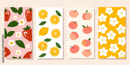 Collection of four colorful illustrated cards featuring strawberries oranges peaches and white flowers on yellow background