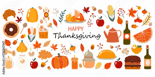 Happy thanksgiving banner with autumn harvest food and fall decorations