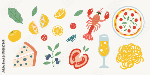 A vibrant collection of italian food and drink elements including pizza pasta cheese lobster fruits and vegetables