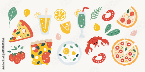 A vibrant and playful collection of delicious food and drink illustrations including pizza seafood and refreshing beverages