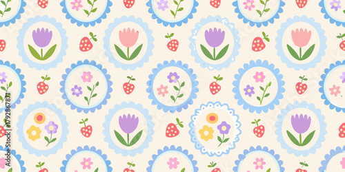 Cute seamless pattern with pastel tulips and strawberries on a cream background