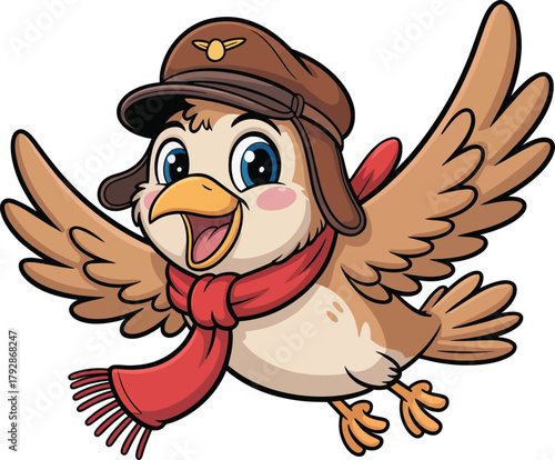 Cute cartoon bird pilot wearing aviator hat and red scarf flying happily with open wings and cheerful expression.