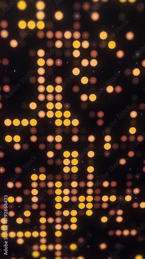 Vertical glowing halftone yellow and orange circle animation. Abstract tech pattern with warm luminous dots and smooth motion in seamless 9:16 loop.