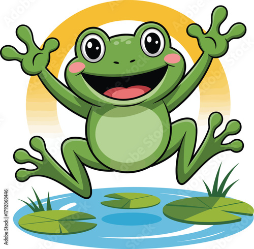 Cuadro en lienzo Happy cartoon frog jumping over lily pads in a pond with the sun shining in the background