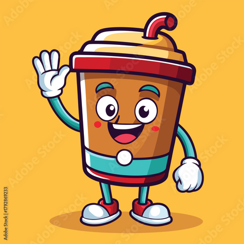 Smiling coffee cup mascot character waving, cute cartoon design