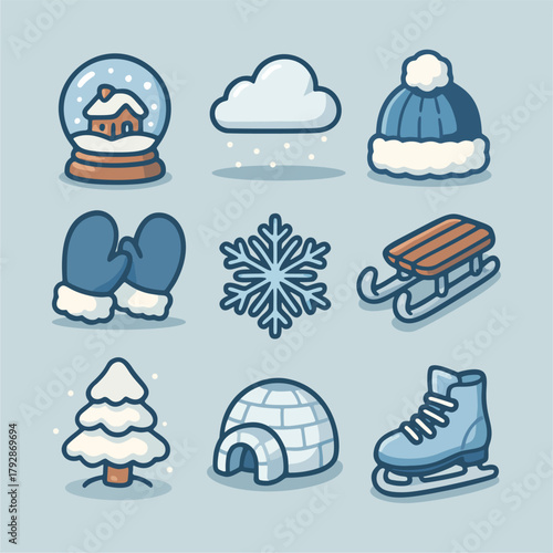 Winter Snow Icon Set, Snowflake, Mittens, Igloo, Sled, Snow Globe, Ice Skate, Tree, and Winter Hat