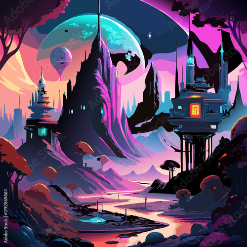 Vibrant alien landscape with futuristic structures and a giant planet