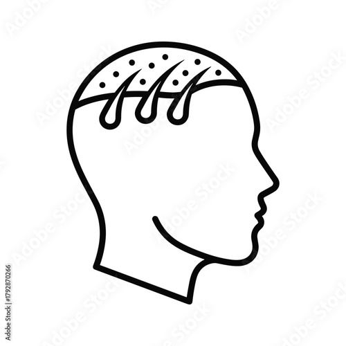 Stylized head profile showing hair follicles and scalp dots