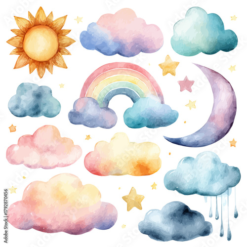 My beautiful hand drawn Watercolor illustration, rainbow clouds sun moon star isolated on a white background, illustration, AI painting design, vector set, eps format design, simple painting