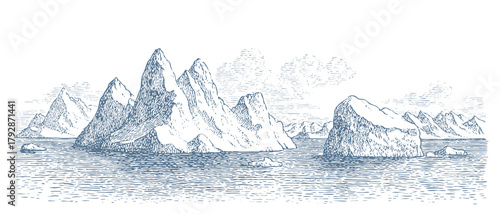 Icebergs floating in the ocean. Vintage woodcut linocut engraving style vector illustration.