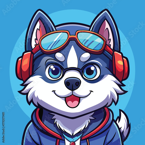 Cartoon husky dog wearing headphones, goggles, and blue hoodie