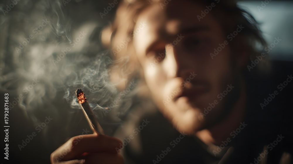 Obraz premium Man is smoking a cigarette and the smoke is billowing out of his mouth. Concept of relaxation and leisure, as the man is taking a break from his day to enjoy a cigarette
