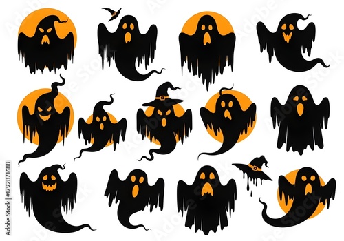 vector illustration of a set of silhouettes of halloween ghosts