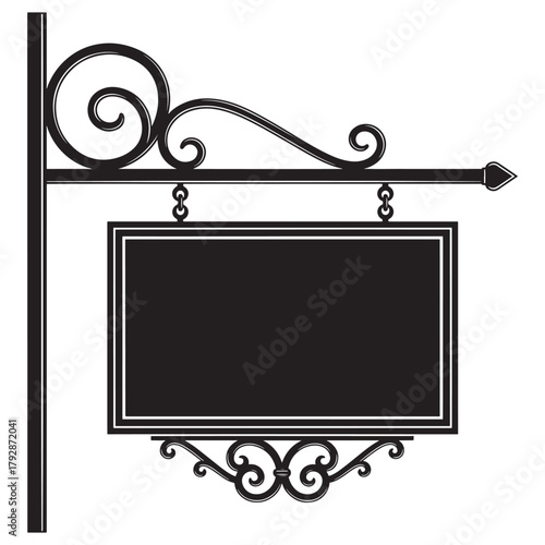 Intricate black ironwork supports a hanging sign with a rectangular shape and decorative scrolls, transparent background