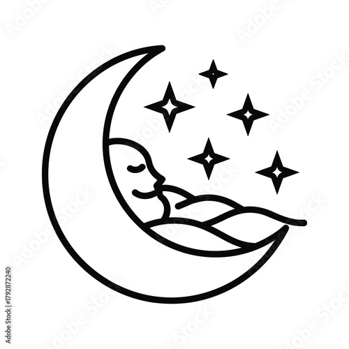 Illustration of a sleeping face on a crescent moon with stars