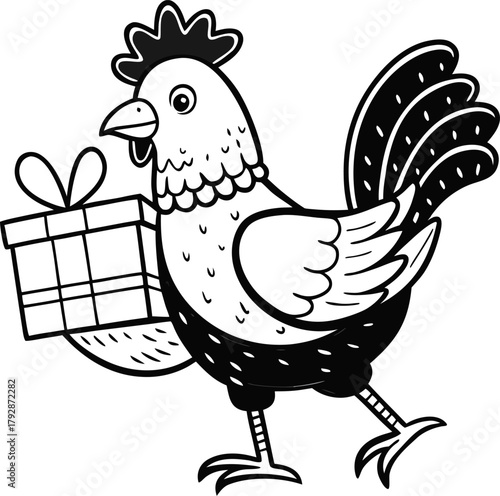  Hen delivering gifts, black and white illustration, coloring book vector, line art vector line art , black and white