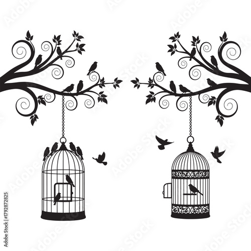 A beautifully detailed black silhouette illustration featuring two birdcages hanging from ornate tree branches, surrounded by perched and flying birds. This elegant decorative vector is perfect for