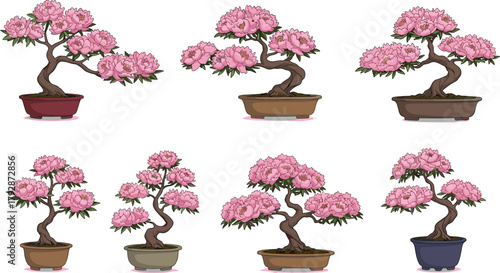 Pink flowering bonsai trees illustration, decorative potted plants, miniature garden art design for spring decor