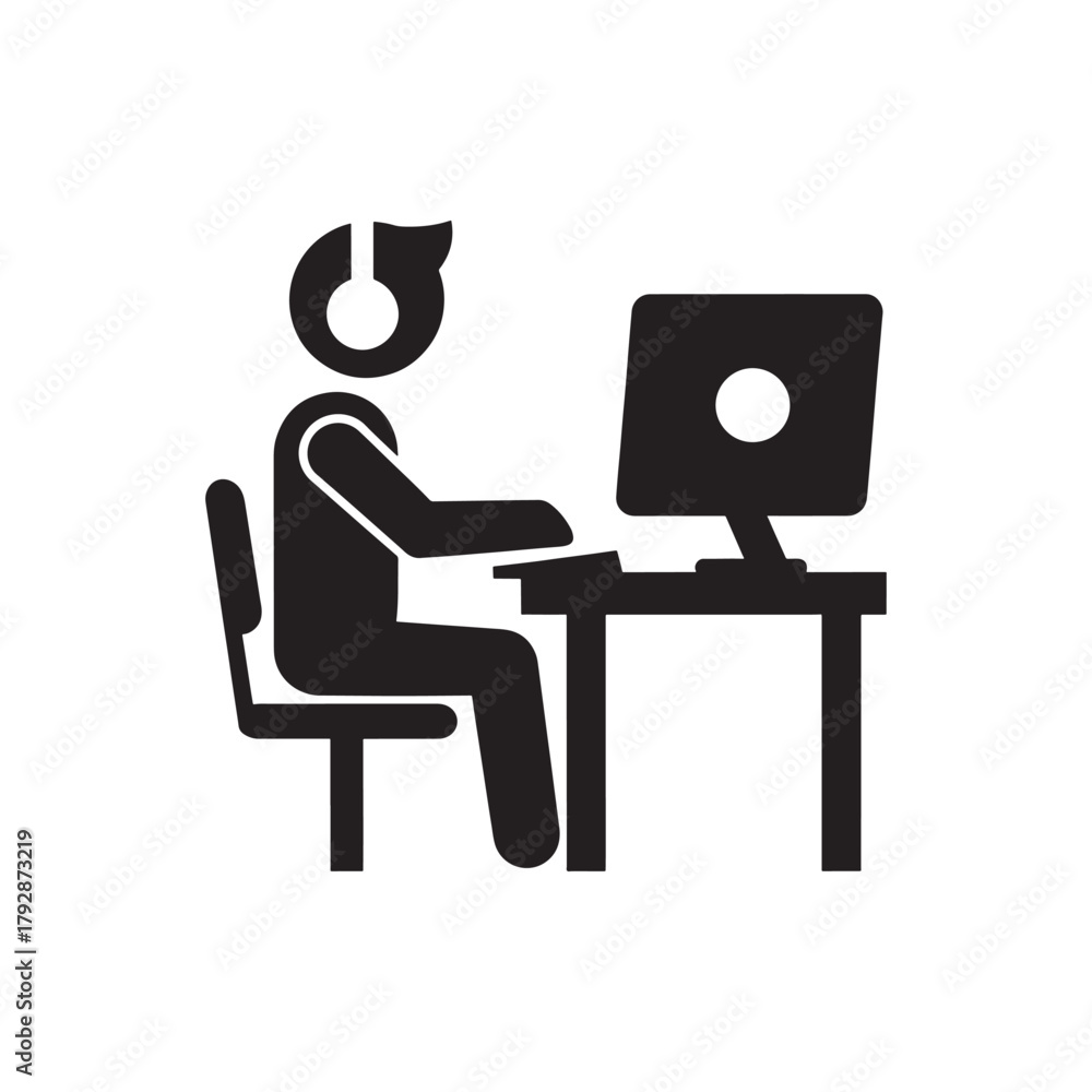 Fototapeta premium This clean and simple vector icon shows a person sitting at a desk using a computer while wearing a headset. Perfect for representing customer support, call centers, online work, remote jobs, 