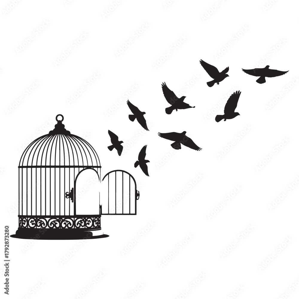 Fototapeta premium This vector illustration shows an open birdcage with multiple birds flying out, symbolizing freedom, hope, release, independence, and new beginnings. Perfect for inspirational artwork, motivational 