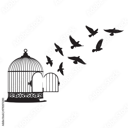 This vector illustration shows an open birdcage with multiple birds flying out, symbolizing freedom, hope, release, independence, and new beginnings. Perfect for inspirational artwork, motivational 