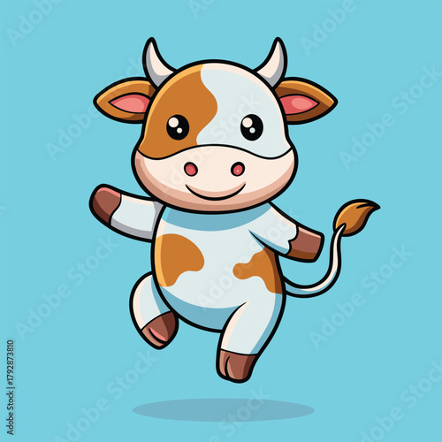 Cute cartoon cow character waving hello, friendly animal design