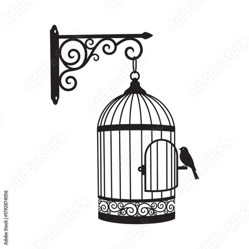 This elegant vector illustration features a vintage-style hanging birdcage mounted on an ornate wall bracket, with a small bird perched at the open door. The classic black silhouette design evokes