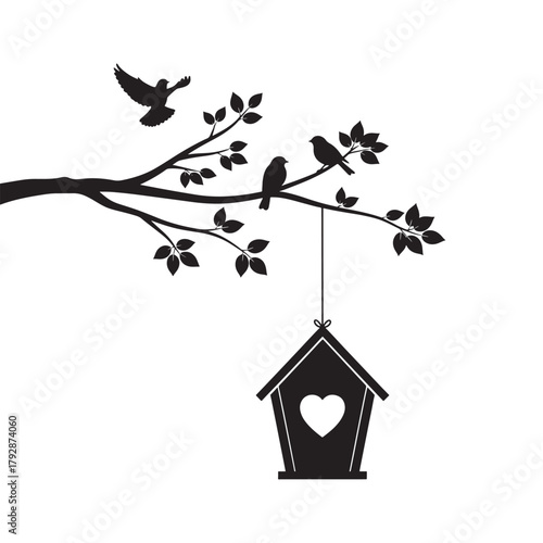 This elegant silhouette vector depicts a charming birdhouse hanging from a leafy tree branch, with two birds perched nearby and another bird in flight. The clean black-and-white design conveys themes 