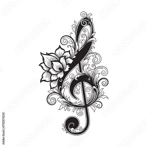 This elegant vector artwork features a beautifully stylized treble clef combined with intricate floral patterns and a blooming lotus motif. Designed in an ornamental black-and-white style,
