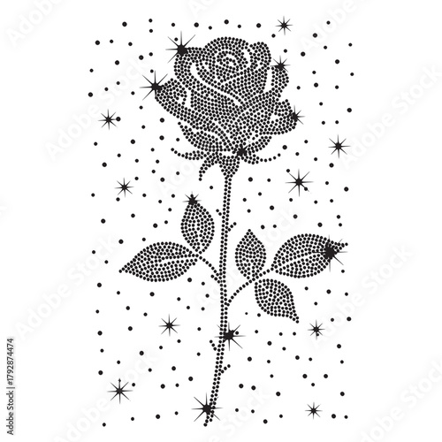 This elegant dotted rose illustration features a beautifully detailed rose created with tiny dots, surrounded by sparkling star accents. The black-and-white floral design gives a sophisticated 