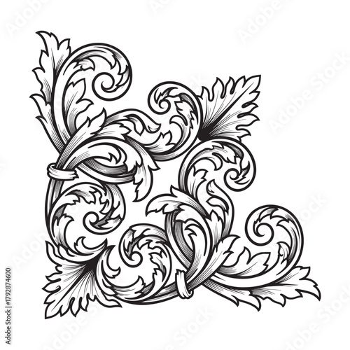 This elegant floral corner ornament features intricate Baroque-style leaves and swirling patterns, perfect for adding a touch of classic sophistication to any design. The detailed vector illustration 