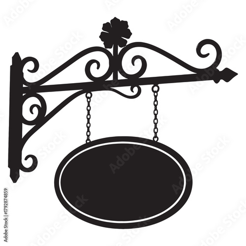 This vector illustration features a vintage-style hanging signboard suspended from an ornate wrought-iron bracket. The elegant scrollwork, floral detail, and oval sign shape create a classic