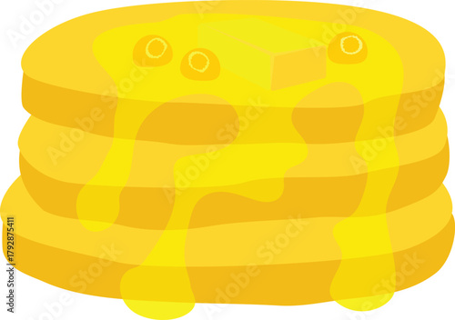 “Breakfast Gold” , minimalistic illustration of a golden stack of pancakes dripping with syrup and topped with butter. 