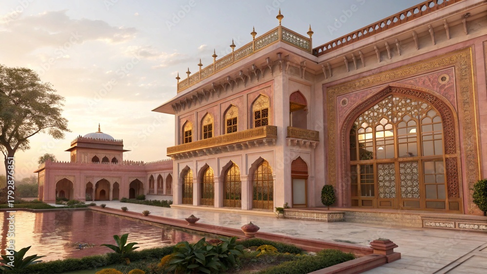 Obraz premium Soft Morning Light Illuminating the Intricately Designed Arches and Sandstone Facade of a Luxurious Indian Heritage Building.